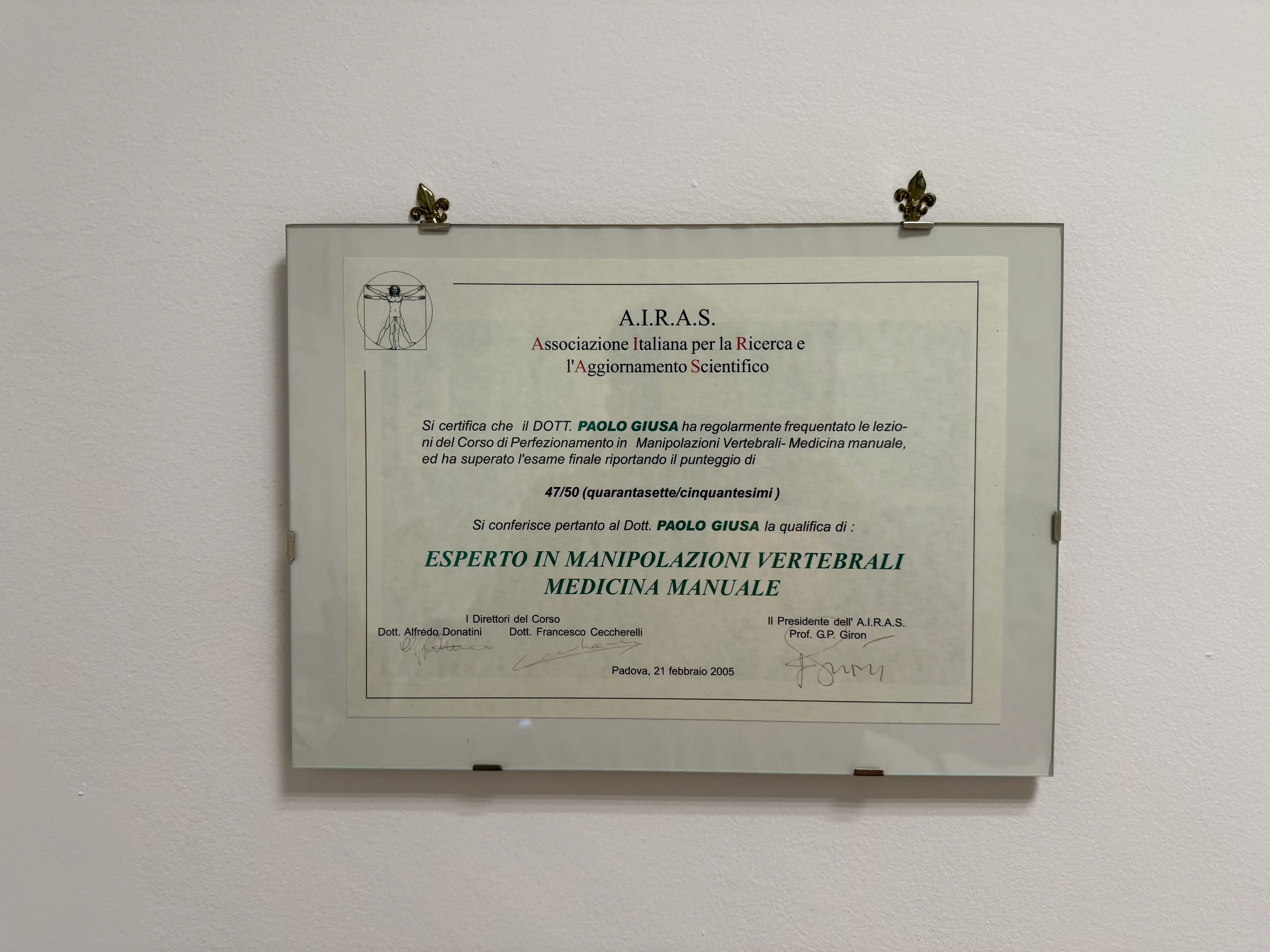 Attestato in manipolazioni vertebrali